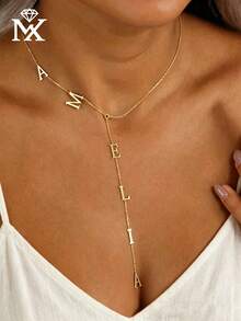 1 Piece Of Personalised Stainless Steel Pendant Necklace, Tassel Necklace, Exquisite Dangling Name Necklace, Long Y-Shaped Necklace, Initial Necklace - Yellow Gold - View 4