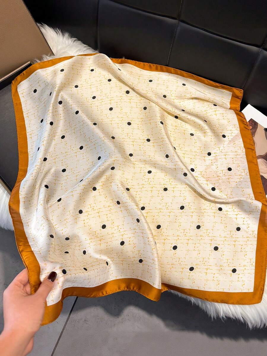 1件仿絲簡單設計波點印花70cm小方巾女款頭巾時尚百搭腰帶領巾圍巾絲巾領帶髮飾適合日常穿搭 - 杏色 - 查看 1