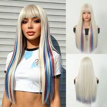 7JHH WIGS 女款白色紅藍電音派對假髮 26英吋長直髮附瀏海 合成耐熱纖維萬聖節彩色造型假髮 適用節慶穿搭、派對與Cosplay - 彩色 - 查看 11