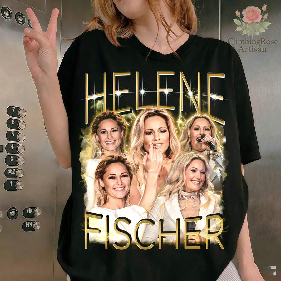 New For 2026: Vintage 90s Helene Fischers Graphic T-Shirt, Unisex And Available In Plus Sizes, German Pop Singer T-Shirt, Casual Black Short-Sleeved Top, Item Dedicated To Helene Fischers Fans, Gold Aesthetic Streetwear. - Black - View 1