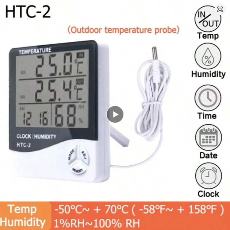 Indoor Outdoor Thermometer Alarm Clock, Creative Home Dual Temperature Display With Sensor, Digital Thermometer Hygrometer, Alarm Clock - White - View 2