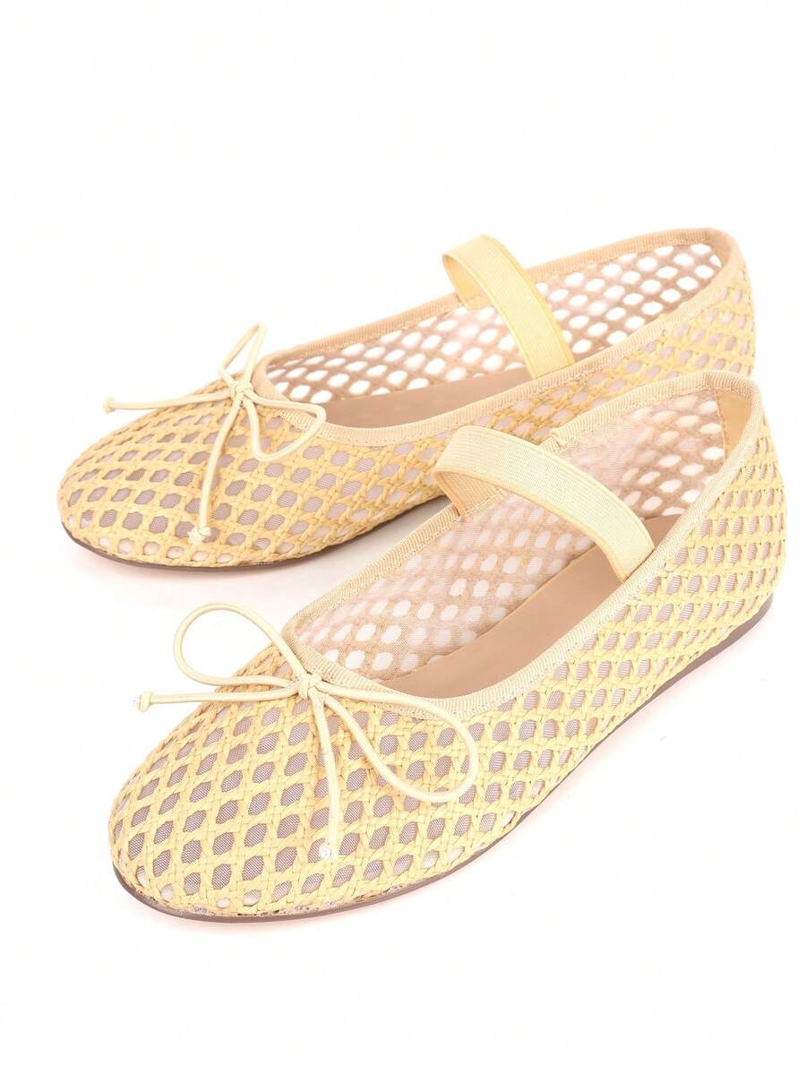 Ballet Flats For Womens Mesh Flat Breathable Closed Round Toe Bowknots Elastic Strap Party Dressy Dancing Casual Comfortable Raffia Ballerina Fishnet Shoes Chic Spring Summer Sandals For Ladies - 杏色 - 查看 1