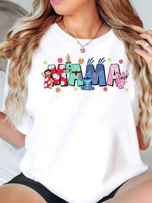 Stitch And Lilo Characters Mama Print Disney Women T Shirt Round Neck Short Sleeve Casual Wear For Mother's Day Soft Comfortable 220g - trắng - Xem 1