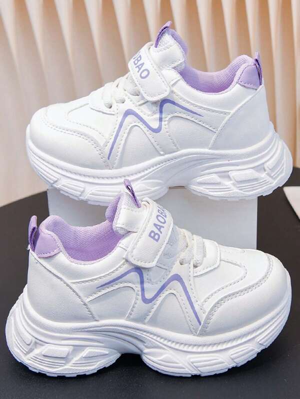 Girls' White Sneakers, Spring/Autumn New Children's Soft Bottom Sports Shoes, Versatile Purple Edge Chunky Sneakers, Breathable Non-Slip Student Running Shoes, Lightweight Campus Casual Shoes