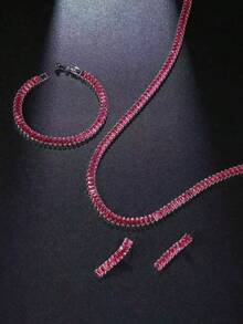 Bộ 3 món dây chuyền, vòng tay, bông tai đính đá zirconia kiểu móng vuốt mới, phù hợp cho nữ đeo đám cưới, tiệc tùng, mặc hàng ngày - Màu Hồng Tươi - Xem 2