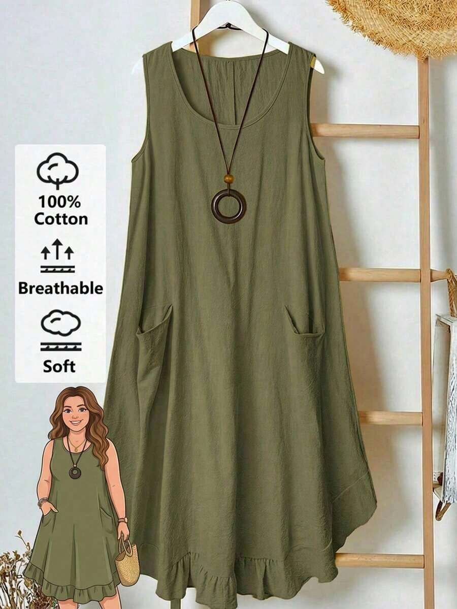 EMERY Vestido de verano casual de talla para mujer, de color verde militar sólido, sin mangas, con volantes en el bajo y parches de encaje en la espalda - Verde militar - Ver 1