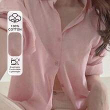 Fashion Women's Clothing  Blusa suelta de unicolor con botones para mujer, de moda para el verano y el otoño, top de manga larga - Rosa - Ver 1