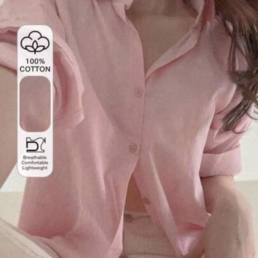 Fashion Women's Clothing Blusa suelta de unicolor con botones para mujer, de moda para el verano y el otoño, top de manga larga - Rosa - Ver 1