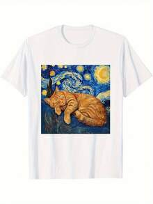 Men's Short-Sleeved, Crew-Neck T-Shirt With An Orange Cat And Spiral Star Design, Ideal For Casual Wear In All Seasons - 白色 - 查看 6