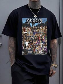 Urban Scene Full Of Caricatured Characters That Represent Friendship, Diversity, And Community Life With Bright Colors And An Artistic Street Atmosphere That Conveys Youthful Energy And Social Connection. Modern And Comfortable Men's T-Shirt For Everyday Use. - màu đen - Xem 1