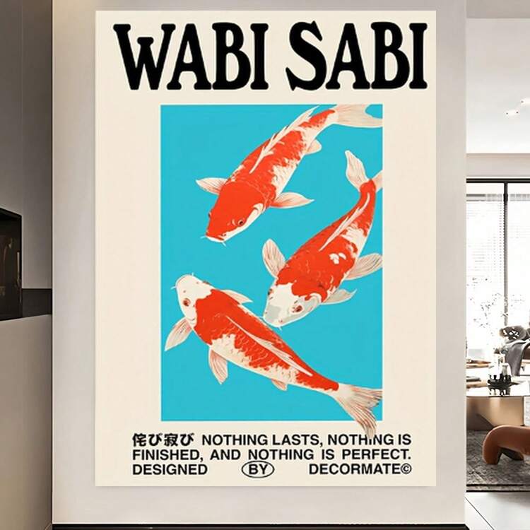 Enmarcado Póster de peces koi Wabi Sabi,  de filosofía japonesa, arte mural vintage, pintura mural de arte moderno, ideal para regalo, decoración del hogar y dormitorio, adecuado para dormitorio, sala de estar, 1 pieza , plano 2D, perfecto para la decoración de la habitación. - Enmarcado - Añade 4