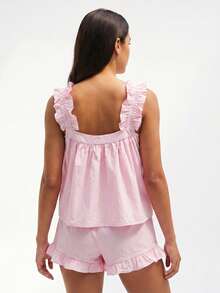 Women's Summer Pajama Set Fashionable Bow Decor Tank Tops With Ruffle Shorts 2Pcs Soft Sleepwear - Rosa - Ver 6