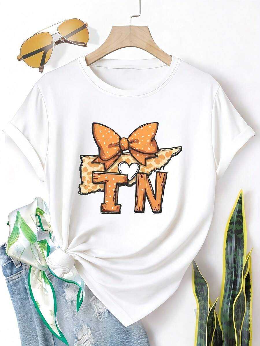 Camiseta Casual Estampada para Mujer de Talla Grande - Diseño de la Silueta del Estado de Tennessee con Lazo y Corazón, Cuello Redondo Holgado, Manga Corta Lavable a Máquina, Estilo de Moda de Temporada, Material No Transparente - Blanco - Ver 1