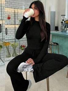 Outfit,Date Night Look,Valentine's Day,Women's Casual Clothing Solid Color Two-Piece Women's Casual Waist Pleated Long-Sleeved Top With Trousers Suit - màu đen - Xem 2