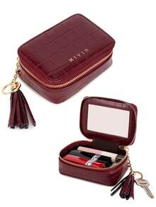 FOREVER MIYIN 1pc Crocodile Pattern Mini Cosmetic & Jewelry Storage Box, Built-In Mirror And Keychain, Zipper Closure, Lipstick Storage Bag, Cosmetic Organizer, Portable Compact Travel Makeup Bag, Suitable For Women's Daily Use, Outdoor Travel And Girls' Carry, Valentine's Day Gift, Mother's Gift, Girlfriend Gift - Multicolor - View 14