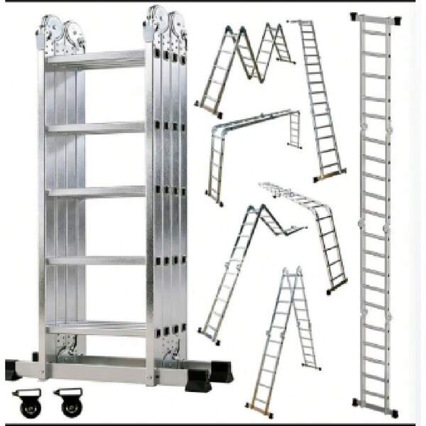 Mehrzweckleiter 4x3 / 4x4 / 4x5, 7-in-1 Multifunktionsleiter aus Aluminium (350 cm / 461 cm / 572 cm), Akkordeonleiter mit 2 Rädern, Haushaltsleiter, maximale Belastung 150 kg, Multifunktionsleiter mit 12/16/20 Stufen
