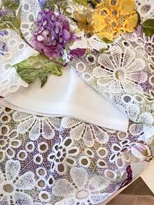 High-Waisted Elastic Skirt With Embroidered Lace And Water-Soluble Print - 紫色 - 查看 4