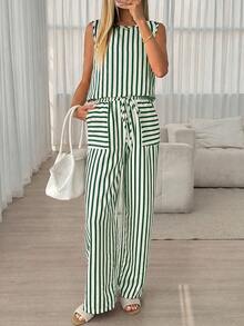 Conjunto informal de top y pantalones a rayas para mujer - Verde - Ver 2