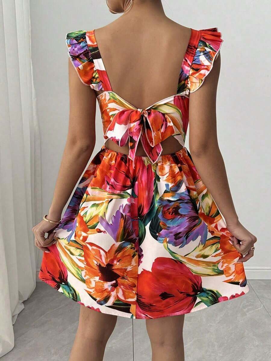 Vestido con mangas cortas de estilo boho con estampado aleatorio para vacaciones y atuendo de playa - Multicolor - Ver 1
