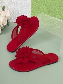 Solid Color Fashion Fabric Floral Thong Sandals Beach Vacation - Red - View 3