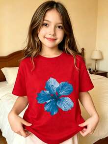 Blue Flower Print Design Printed T-Shirt For Children - Red - View 8