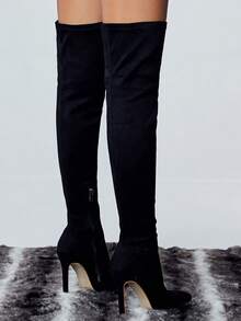 Women's Suede Pointed Toe Side Zipper Thigh High Boots, Sexy Classic Fashion Boots For Autumn/Winter - Black - View 4
