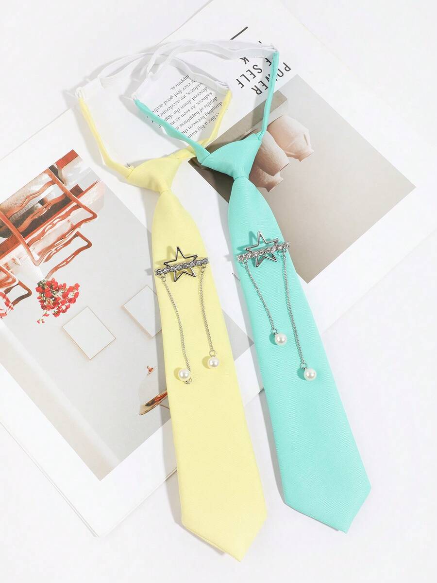 1 pieza Corbata con decoración de cadena de estrella de perla de cristal sintético de moda unisex casual, adecuada para uso diario, escuela, citas, salidas, fiestas - Multicolor - Ver 1