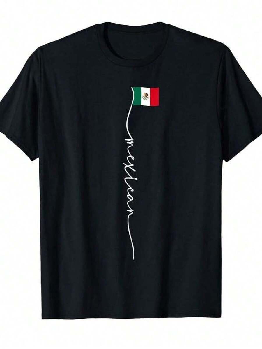 Camiseta con la Bandera de México y Diseño Mexicano - Negra con colores de bandera verde, blanco y rojo, corte holgado, cuello redondo, manga corta, camiseta casual vintage, adecuada para uso diario y eventos de temática mexicana, cómoda para todas las estaciones, diseño duradero de transferencia de calor, camiseta de México, camiseta estampada para hombre, camiseta gráfica para hombre, camiseta para hombre, camiseta divertida, ropa para hombre, camisa para hombre, camiseta para hombre, camiseta para hombre, camiseta para hombre. - Negro - Ver 1