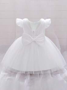 Baby Girls Mesh Back Bow Tutu Elegant Princess Flower Girl Dress, Suitable For Parties, Headband Not Included - White - View 4
