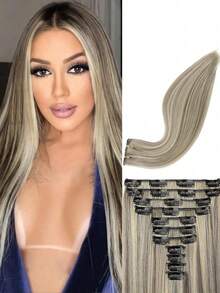 11pcs 26 Inch Straight Hair Extensions, Multi-Color Natural Soft Synthetic Hair Clips For Women - Deep Gold Highlights - 彩色 - 查看 3