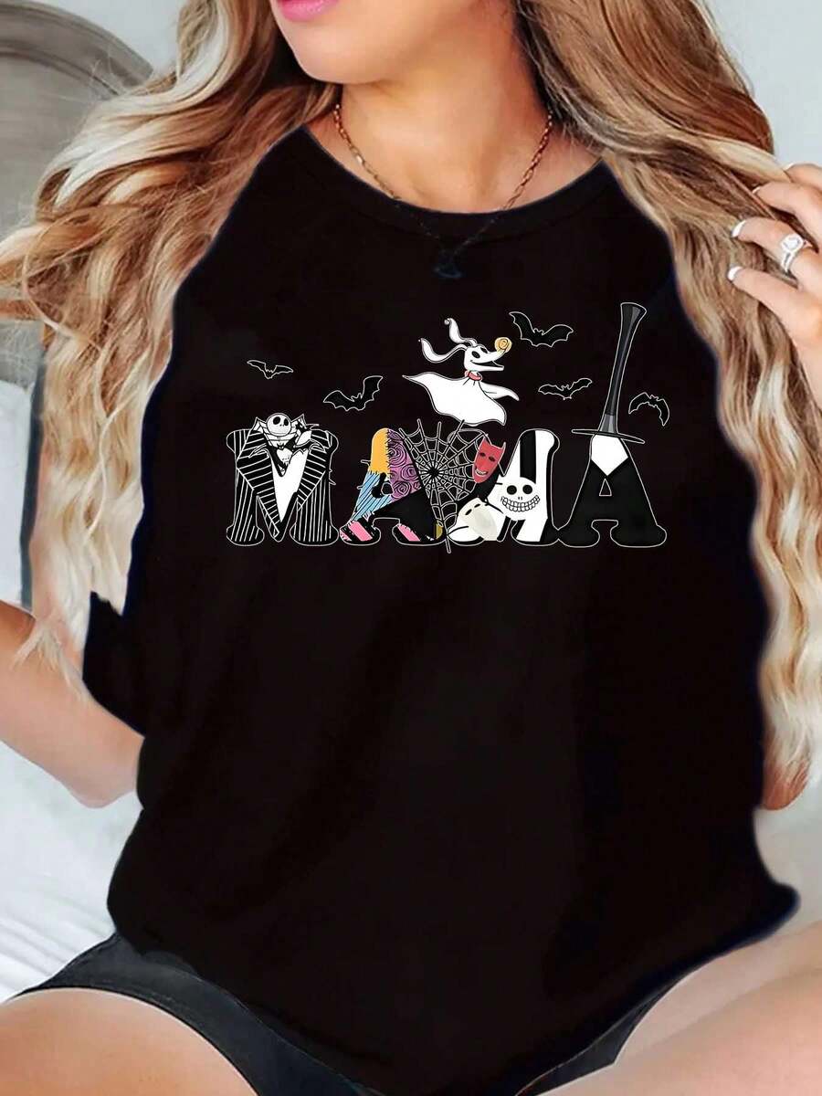 Halloween Nightmare Before Christmas Jack Skellington Sally Zero And Bat Print Disney Women T Shirt Round Neck Short Sleeve Casual Wear For Halloween Party Soft Comfortable 220g - màu đen - Xem 1
