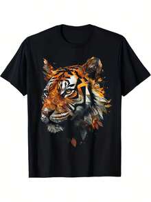 máquina, adecuada para ropa deportiva informal en todas las estaciones, ropa casual cómoda para exteriores, regalo ideal para hombres, camiseta con estampado de tigre, top de ajuste cómodo. - Negro - Ver 1