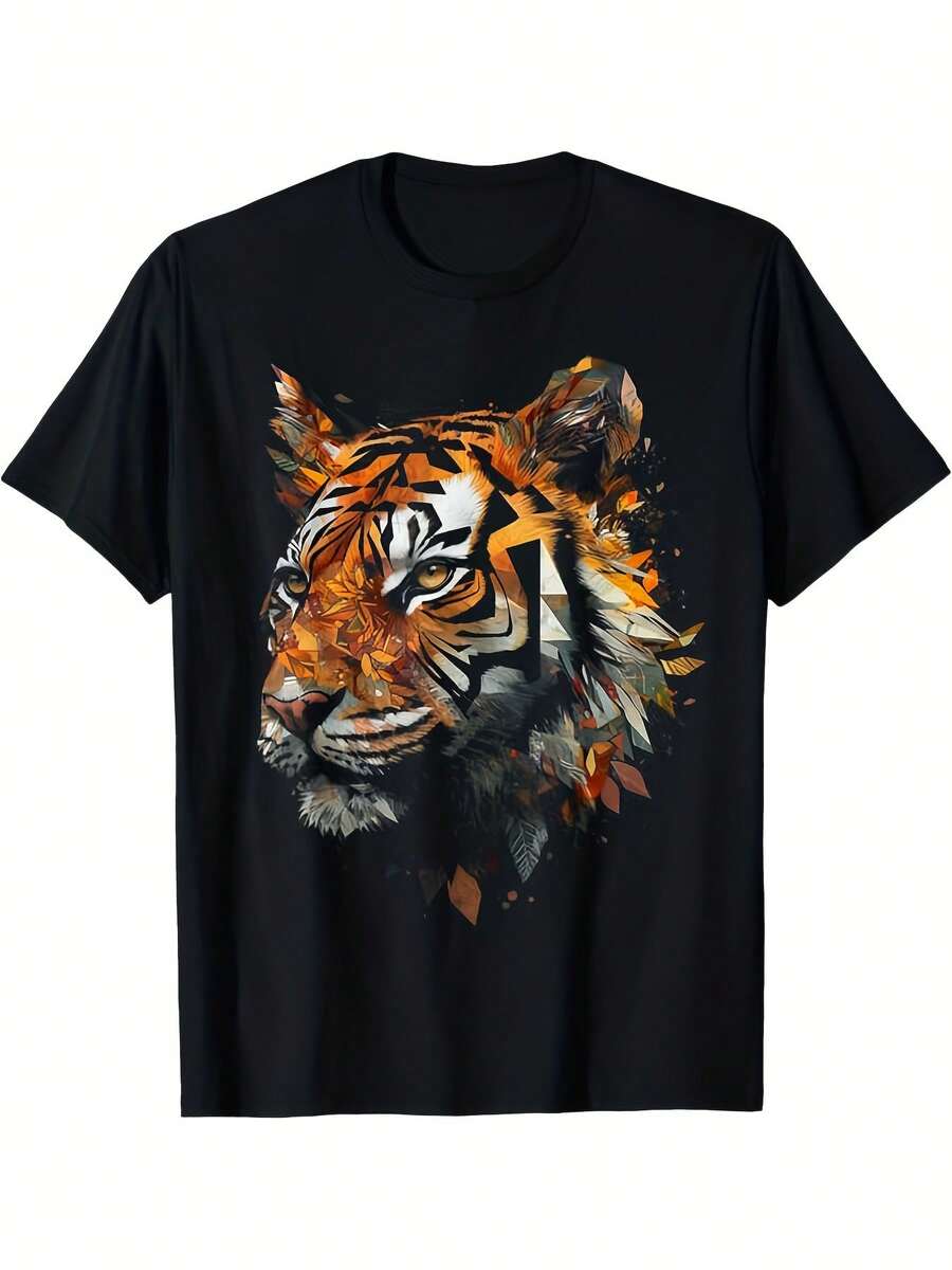 máquina, adecuada para ropa deportiva informal en todas las estaciones, ropa casual cómoda para exteriores, regalo ideal para hombres, camiseta con estampado de tigre, top de ajuste cómodo. - Negro - Ver 1