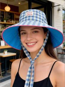 Topi Nelayan Bertali Motif Kotak-kotak Korea Baru yang Dapat Dibalik, Topi Pelindung Matahari Bertepi Lebar untuk Aktivitas Luar Ruangan, Topi Matahari Poliester Kasual Modis yang Dipersonalisasi, Cocok untuk Musim Semi dan Musim Panas - topi - View 4