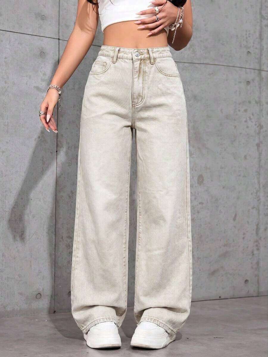Women's Pocketed Wide Leg Relaxed Casual Denim Jeans - Màu Khaki - Xem 1