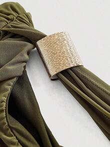 MOD Vestido casual de verano de mujer de unicolor con cuello asimétrico y drapeado, de longitud media - Verde militar - Ver 3