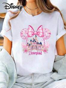 Disney Lady's T-Shirt, Featuring The Cartoon Pattern Of Disney Castle Park. The Fabric Is Soft, Comfortable And Durable. This Is A Summer/Winter Ladies' Round-Neck T-Shirt, Suitable For Daily Wear, Shopping, Attending Parties And Gatherings. It Is Also More Suitable For Daily Outfits And As A Gift. --Disneys Disneyland Paris The Magic Kingdom Disneyesque B6Holiday Gifts Valentine's Day Gifts Earth Day Gifts Oktoberfest Gifts Summer Bank Holiday Gifts - White - View 1