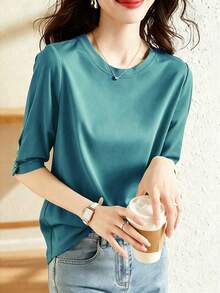 Atasan Kasual Lengan Sedang dengan Desain Kancing, Model Baru Fashion Musim Panas, Kaos Lengan 3/4 Leher Bulat Serbaguna untuk Wanita, Melangsingkan - Teal Blue - View 5