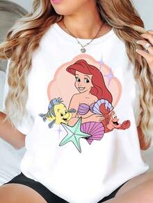 The Mermaid Ariel Flounder And Sebastian Print Disney Women T Shirt Round Neck Short Sleeve Casual Summer Wear For Everyday And Holiday Soft Comfortable 220g - trắng - Xem 1