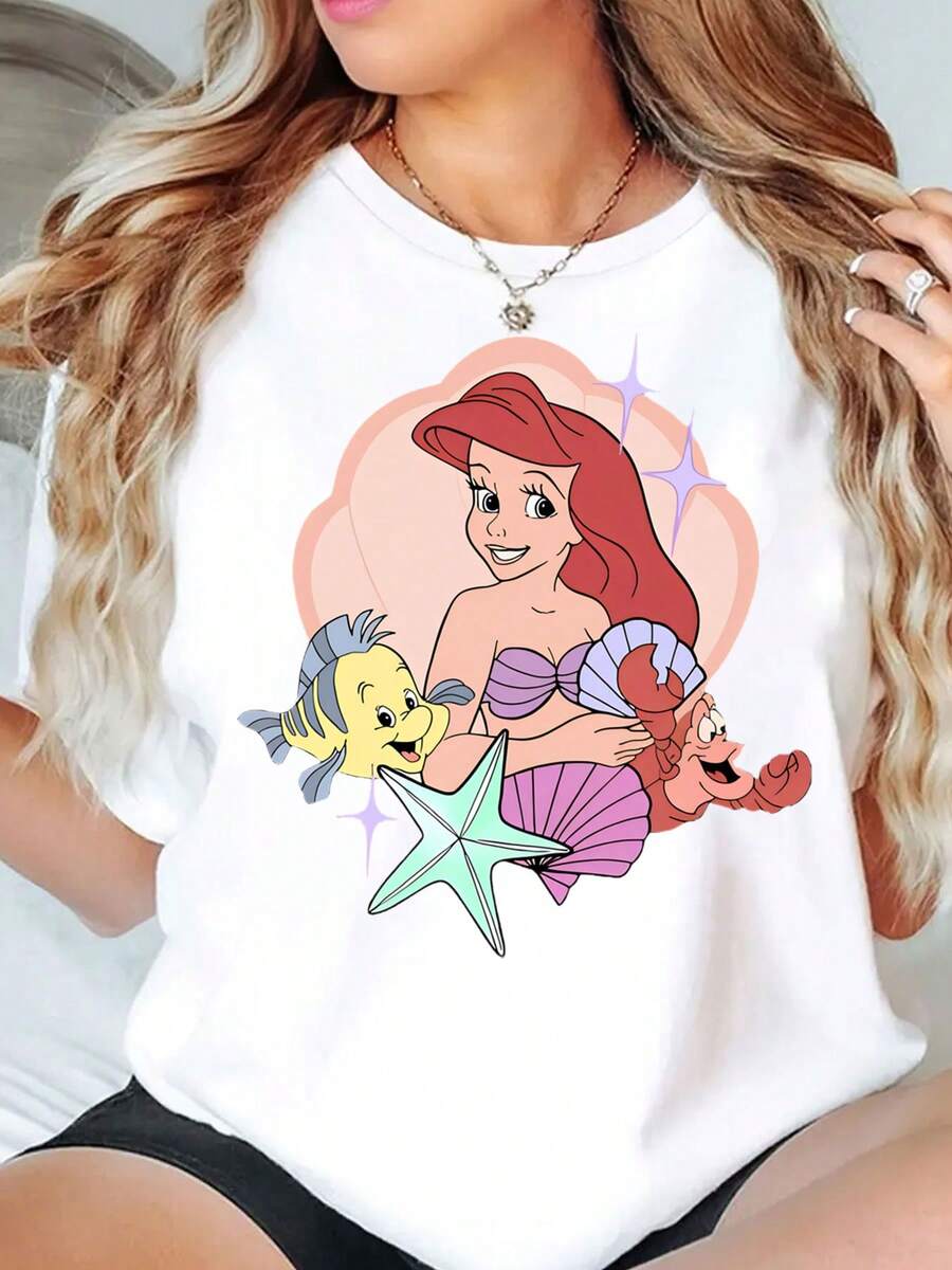 The Mermaid Ariel Flounder And Sebastian Print Disney Women T Shirt Round Neck Short Sleeve Casual Summer Wear For Everyday And Holiday Soft Comfortable 220g - trắng - Xem 1