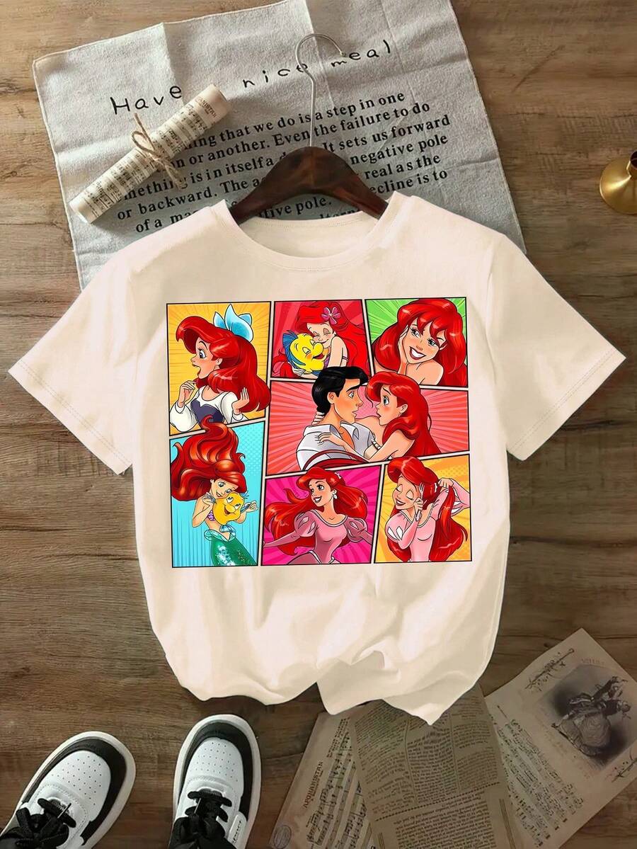 Disney Licensed Women'S Popular Item Featuring A Print Of Ariel, The  Princess. This Short-Sleeve, Round-Neck T-Shirt Is Stylish, Comfortable, And Versatile, Perfect For Casual Wear In Spring, SummerUnisex, Couple Shirts, Excellent Gifts. - Màu be - Xem 1