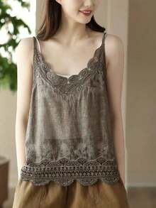 Camiseta de verano de mujer con diseño vintage, casual y holgada, de unicolor, con bordados y encaje calado - Negro - Ver 11