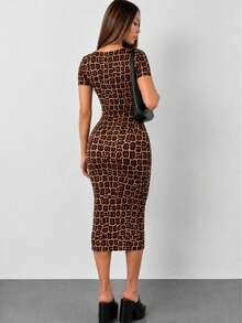 MHG Vestido Midi Ajustado Mujer Tela Rib Acanalada Manga Corta Casual Elegante Stretch Moldea Figura Moda Viral - Animal Print - Ver 3