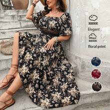 Nuevo Vestido Vintage de Primavera con Cuello Cuadrado Estampado de Talla Grande y Manga Corta - Verde - Ver 7