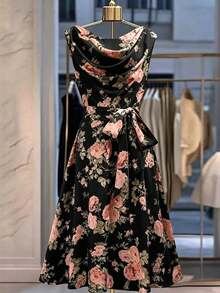 CURVE Vestido floral sin mangas con lazo en la cintura para mujer de talla - Negro - Ver 3