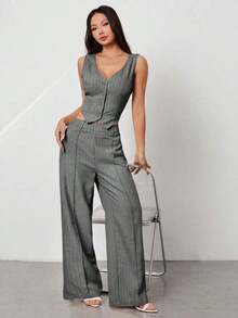 PETITE Conjunto de chaleco sin mangas con cuello abierto y pantalones informales - Gris Claro - Ver 4