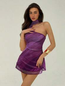 Vestido corto sin mangas con estampado de teñido anudado para mujer - Burdeos 2 - Ver 4