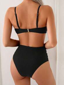 Swim Chiccia Conjunto de bikini marrón de cintura alta con control de abdomen, correa con cuentas y hebilla de metal elegante para vacaciones de mujer, primavera/verano 2025 - Negro - Ver 2