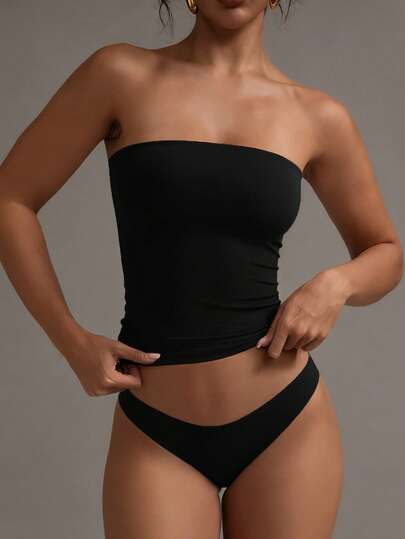 XLLAIS Sexy Strapless Basic Camisole, Fashionable Solid Color Stretchy Fitted Tube Top, Suitable For Women All Seasons Casual Black Summer