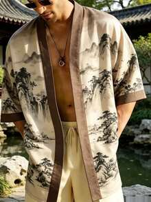Men's Kimono Cardigan, Short-Sleeved Loose Fit, Landscape Ink Painting Print, Chinese-Style Retro Design, Breathable And Comfortable For Summer - B - View 3